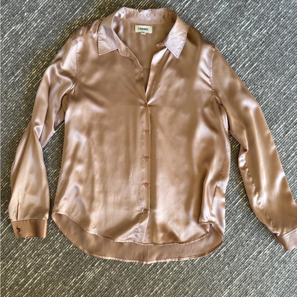 L'AGENCE Women's Satin Button Down Shirt - Tan
